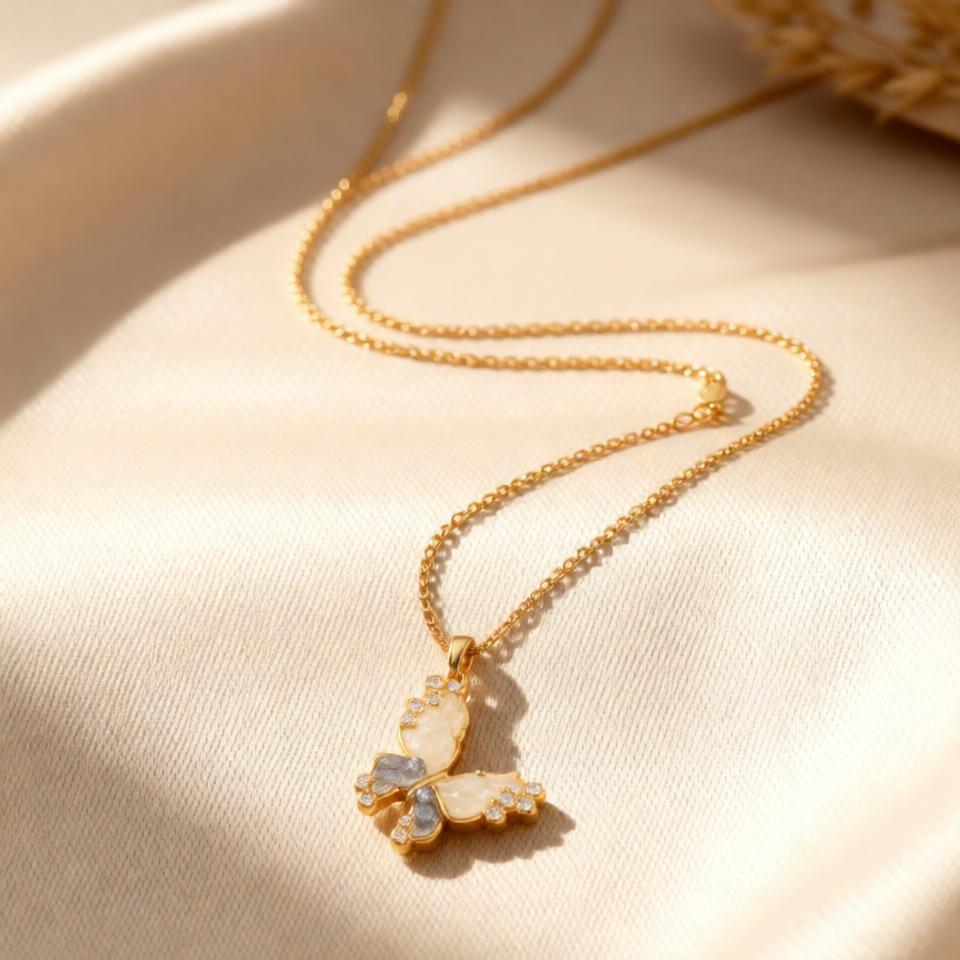 Butterfly Stylish Chain Pendant – Gold + Pink view 17