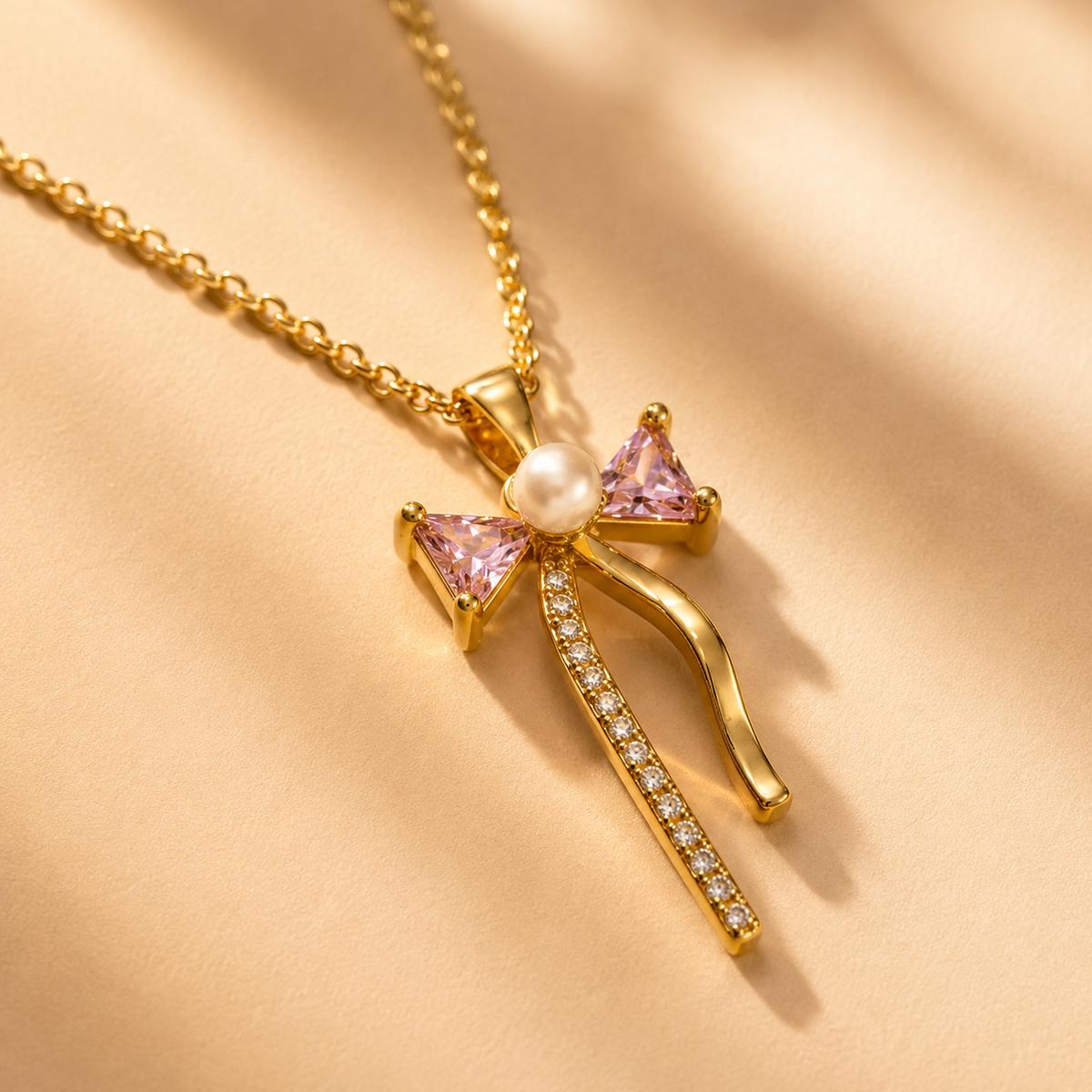 Bow Fancy Chain Pendant – Gold + Pink view 5