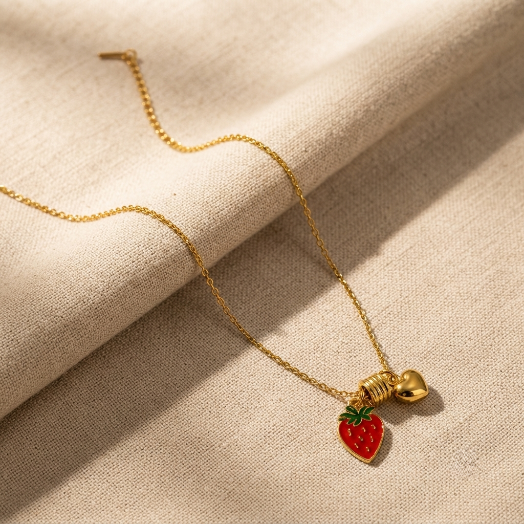Strawberry & Heart Chain Pendant – Gold view 5