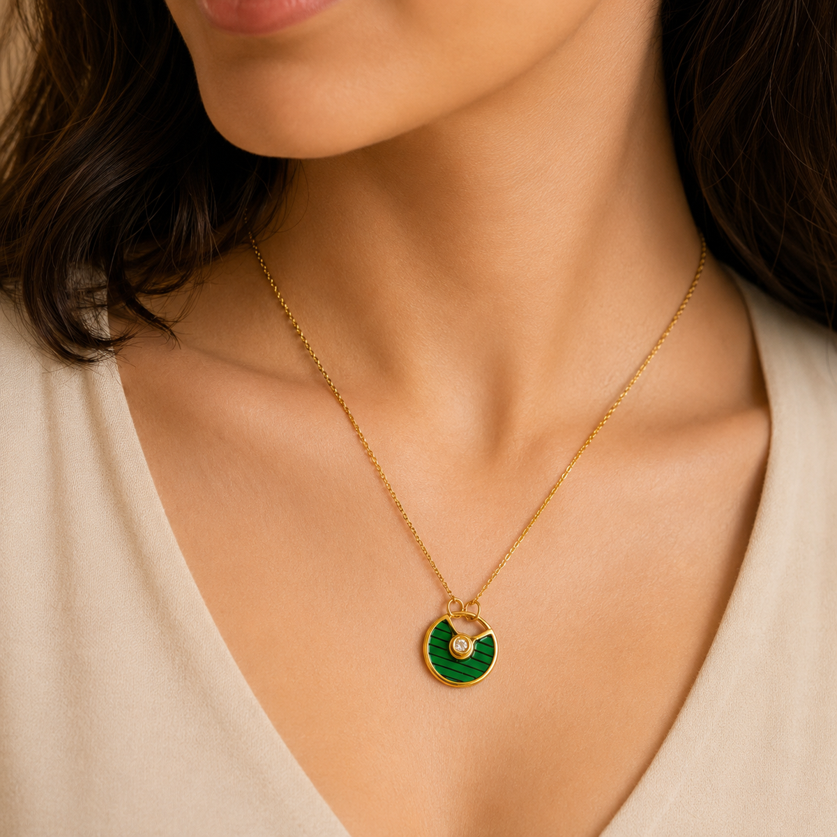 Diamond Chain Pendant – Gold + Green view 7